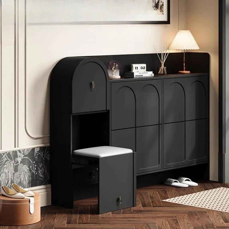 shoe cabinet, shoe stool integrated door entry against the wall Tipping bucket entrance Black solid wood cabinet