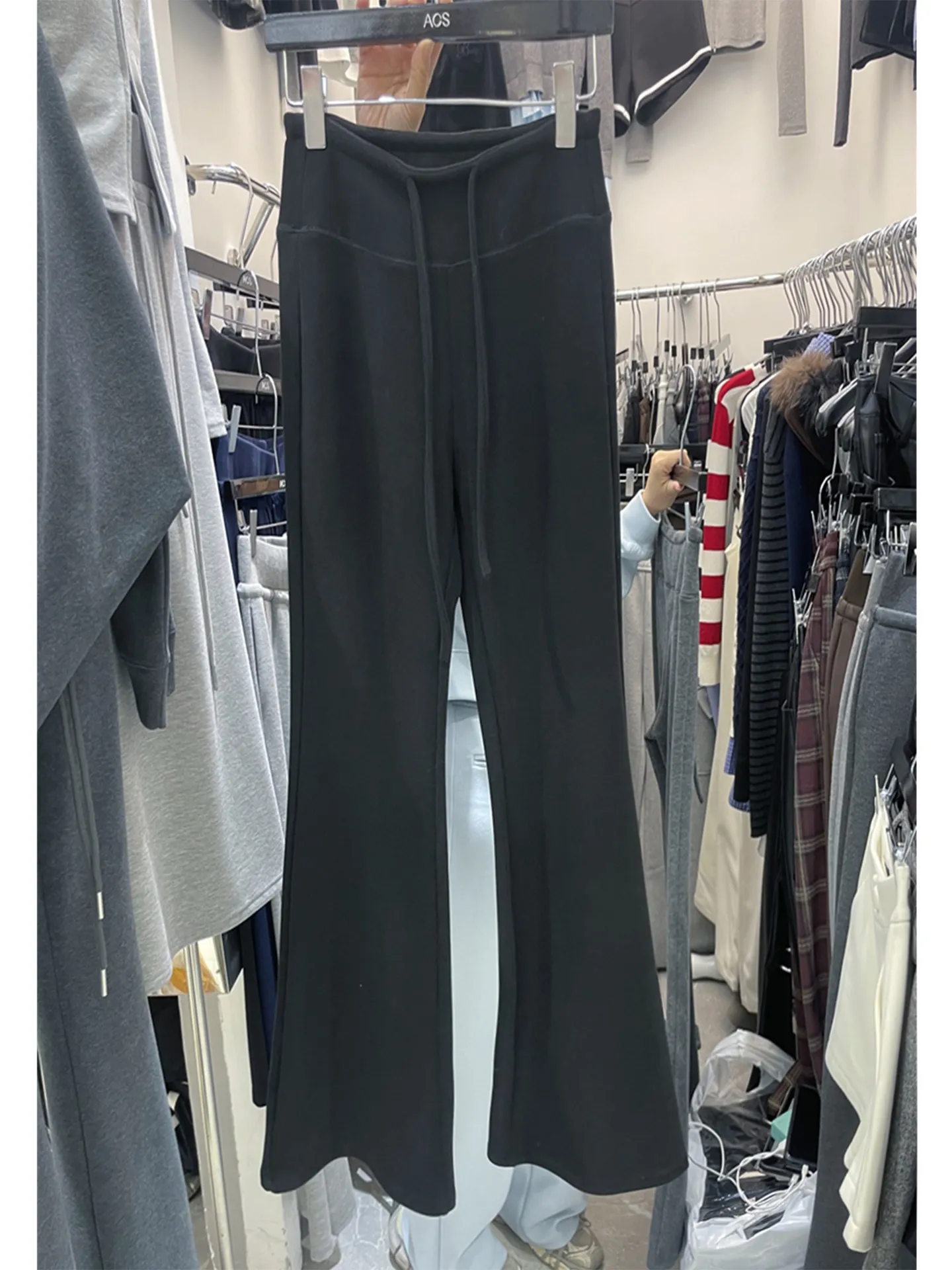 High Waist Thiened Fce Lined Slim Fit Casual Pants Women's Winter Wide Leg Pants Korean Sle Pure Color Elastic Waist