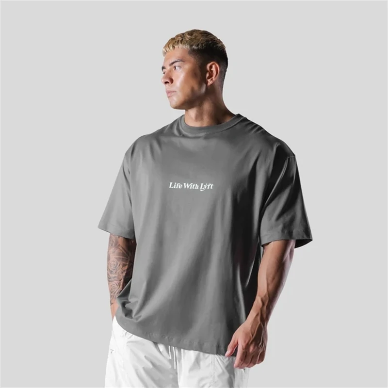 LIFE WITH LYFT BIG T-SHIRT Men's 100% Cotton Loose Oversized-Shirts Men GYM Clothing Street Casual Short Sleeve Tees Tops 3XL