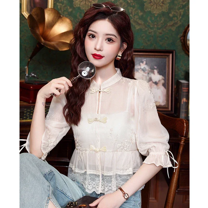 Summer Fashion Women Shirt Stand Collar Lace Chiffon Shirt Blouse Women Tops Blusas Mujer De Moda 2024 Verano Blusa Blusa H793