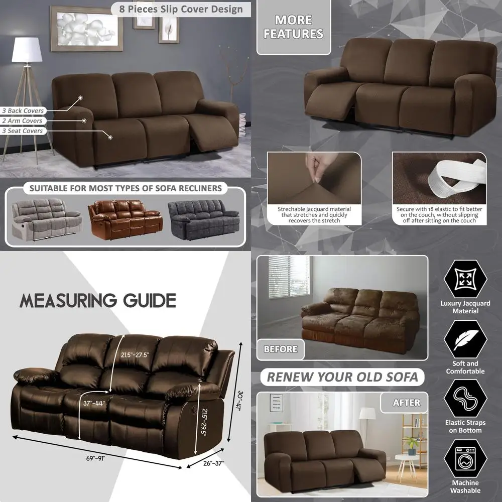 

8-Piece Stretch Jacquard Recliner Sofa Cover Set for 3-Cushion Couch, Thick & Soft, Washable, Chocolate