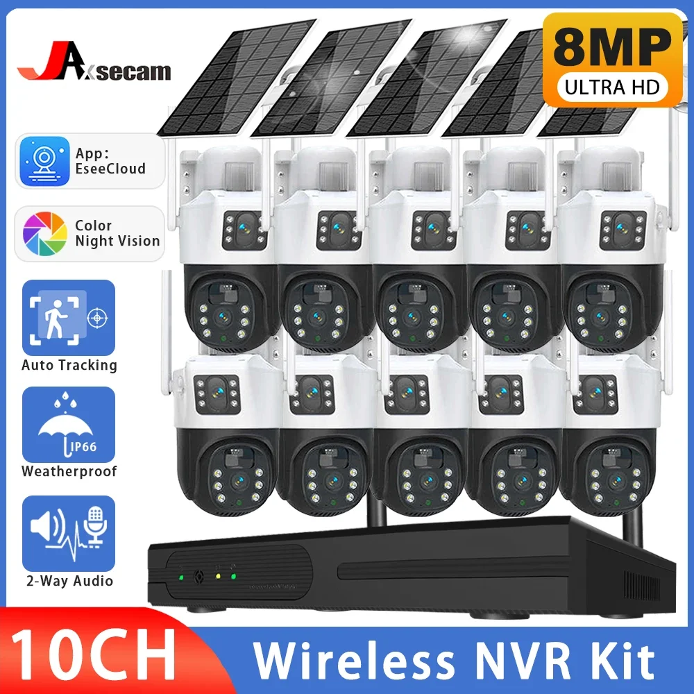 100% Wire-Free Solar Power Battery Charged Wifi PTZ IP Cameras Kit 8MP 10CH Wireless NVR Kit Auto Tracking CCTV Security Cam Kit