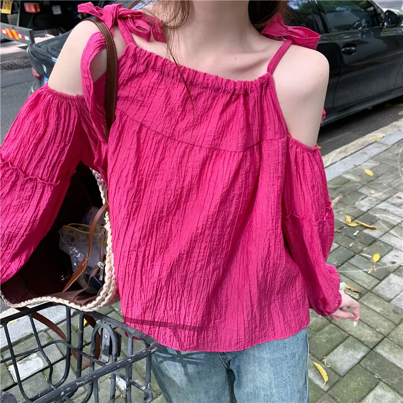 

2024 Korean Women's Spring Summer Solid Color Lace Up Off Shoulder Bubble Sleeves Fashion Versatile Short Strap Sunscreen Top