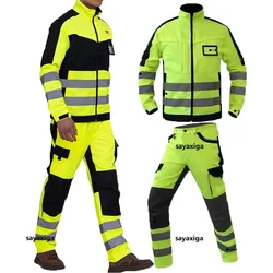 Safety Reflective Strips Workwear Set Wear-resistant Repairman Work Suits Fluorescent Zipper Jacket And Pants Set Multi Pockets