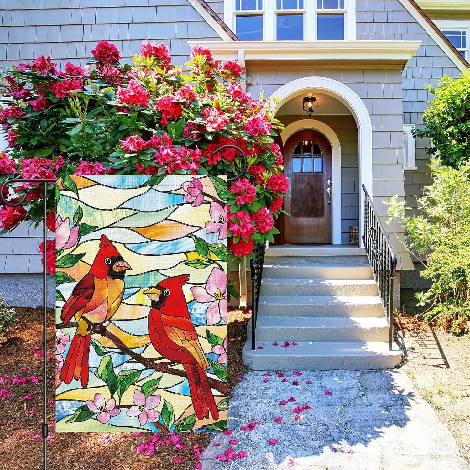 Louise Maelys Spring Welcome Garden Flag Cardinal Bird Stained Glass Floral Double Sided 12x18 Inch Flower Small Burlap Summ LLG