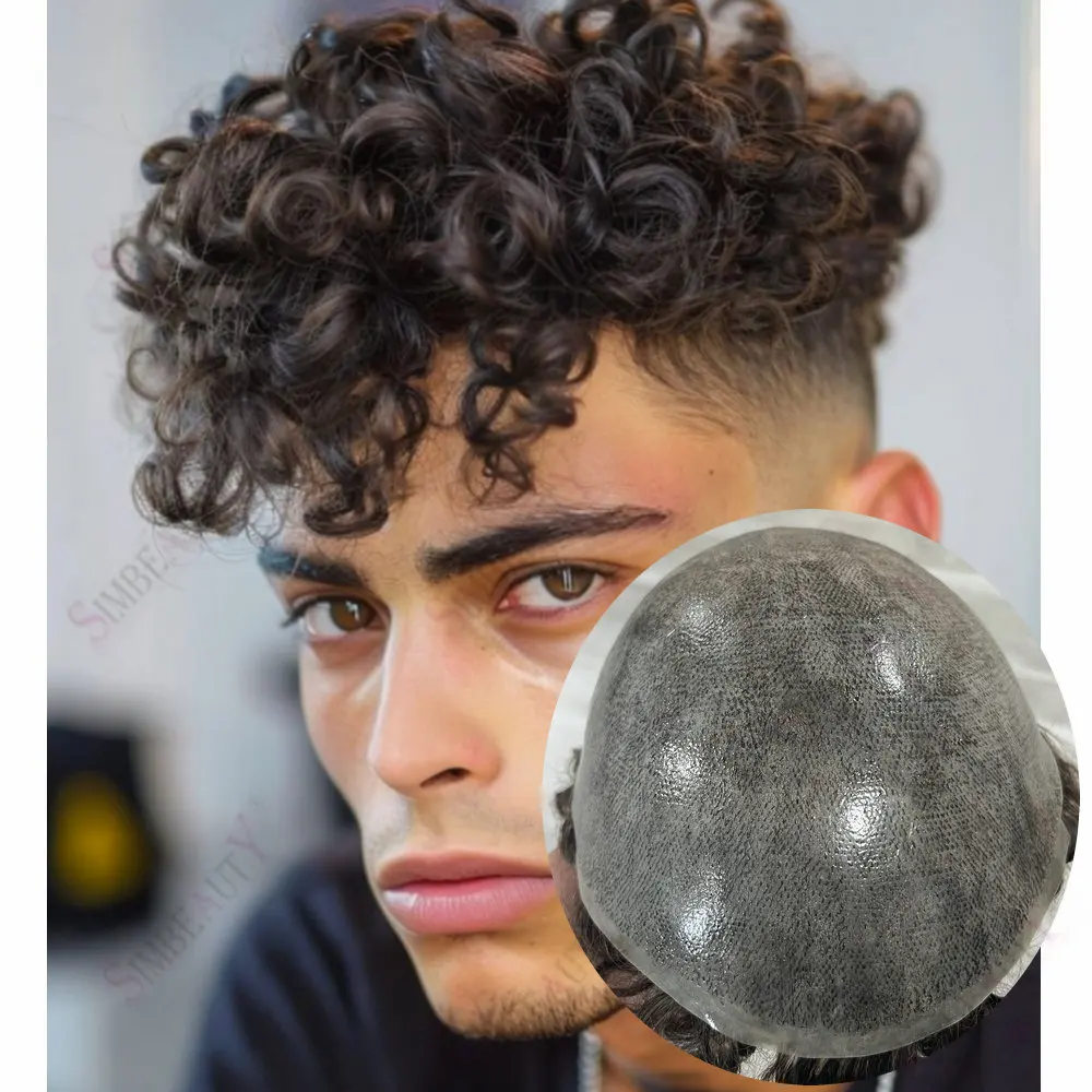 

18 мм вьющиеся мужские парики, прочные инъекции, тонкая кожа, система волос из искусственной кожи для чернокожих мужчин, человеческие волосы, мужские волосы, капиллярный протез, парики