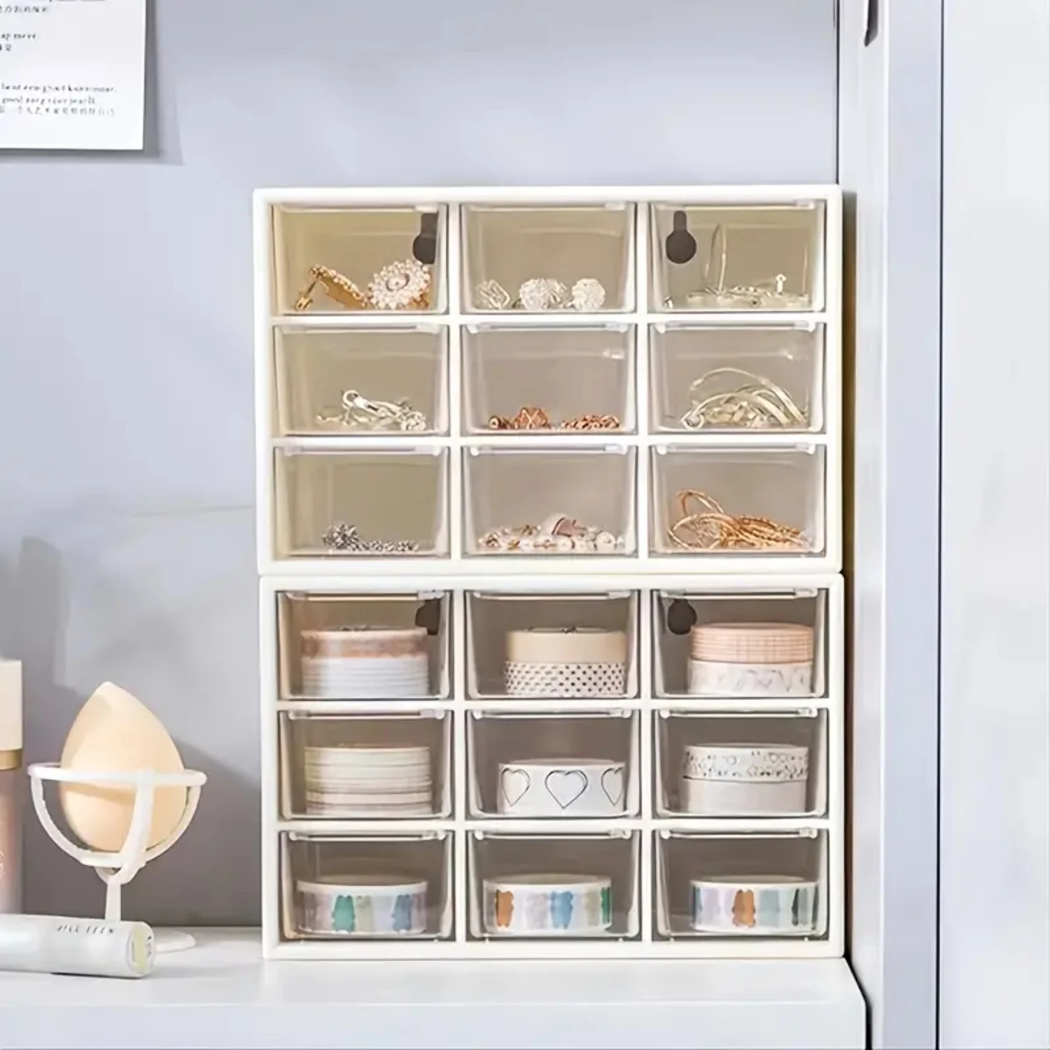 Caja de almacenamiento de plástico multifuncional, moderna y elegante, con 9 compartimentos para lápiz labial y organización de colección de maquillaje cosmético