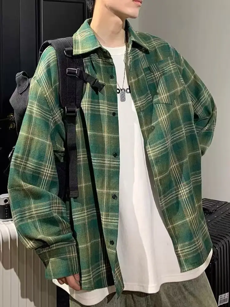 

American Retro Plaid Long Sve Men's irt Spring Autumn Loose Casual Outerwear Couple's irt Cotton Polyester Fabric
