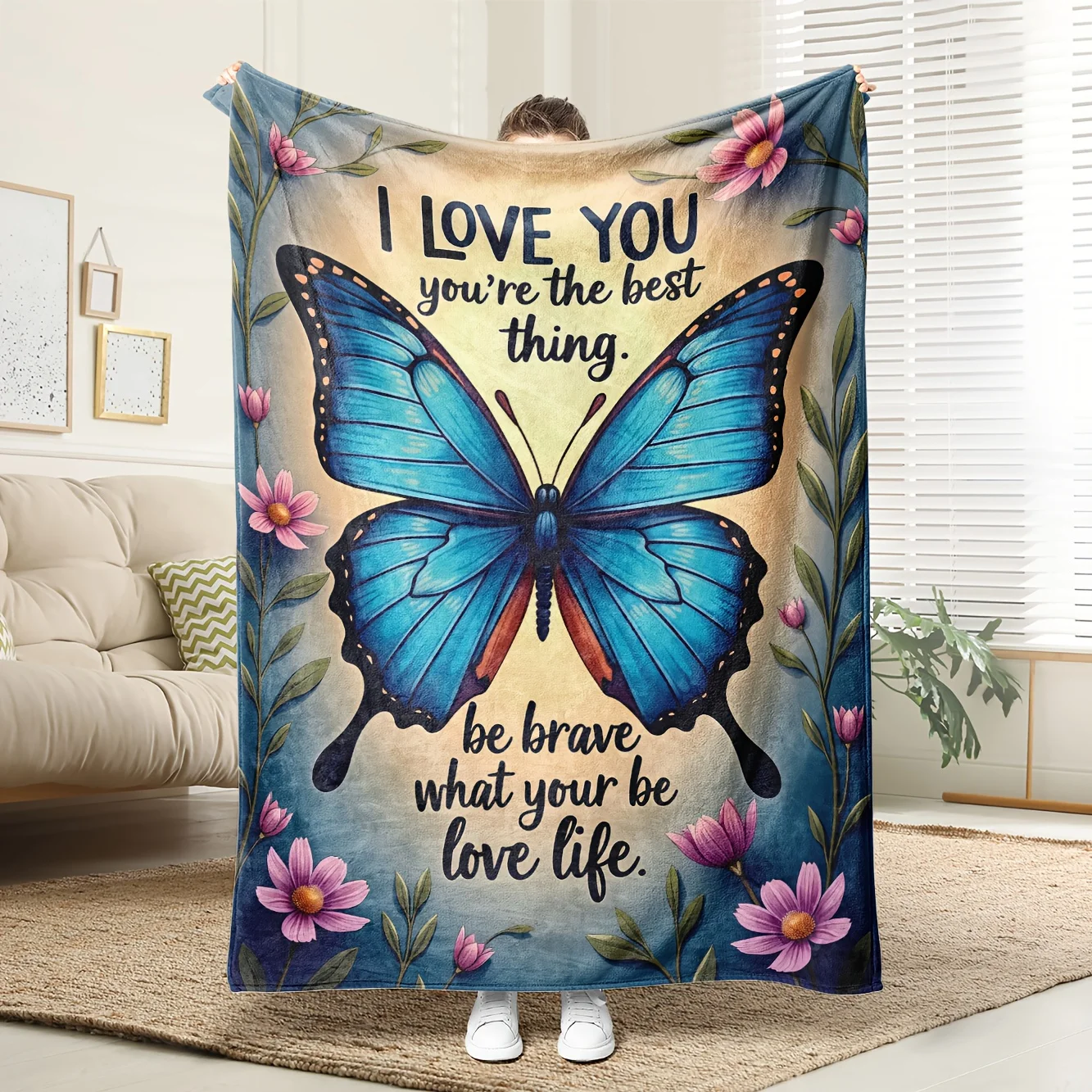 Top Pick Butterfly Floral Fleece Blanket - Blue Pink Print - 