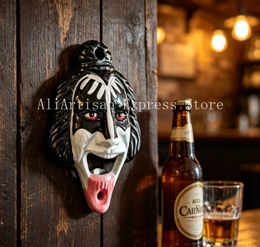 Retro Gothic Mask Figure Wall Bottle Opener Cast Iron Rock Style Tongue Design Beer Opener Home Bar Wall Decoration Tool