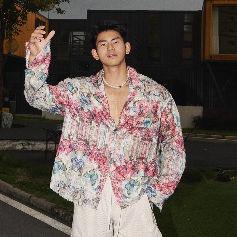 FEWQ Summer Casual Men Shirt Niche Printed Design Contrast Color Long Sleeve 2204 Korea Fashion Male Tops Loose 24E1923