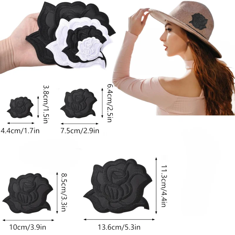 Self-Adhesive Embroidery Garment Patch, Black and White Rose, Hat, Sweater, T-Shirt, Bag, Scarf, DIY Gift Decoration, 8Pcs