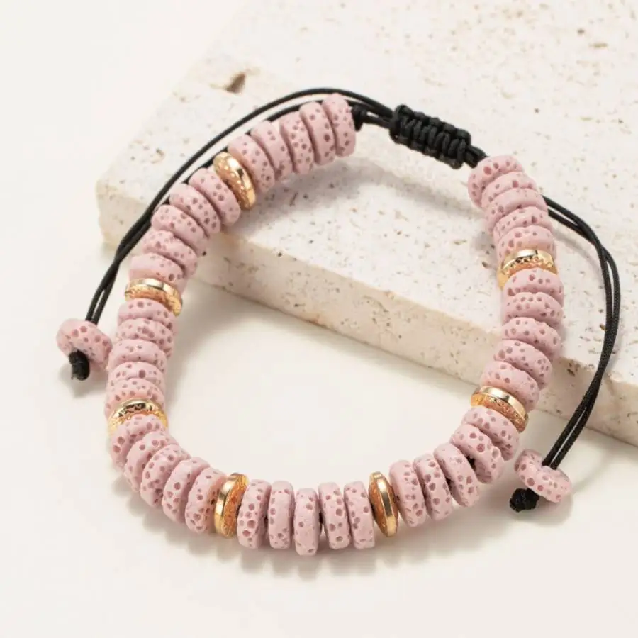 Handmade Pink volcanic stone divider panel bracelet,men's cuff button bracelet,Ramadan prayer bead,women's meditation