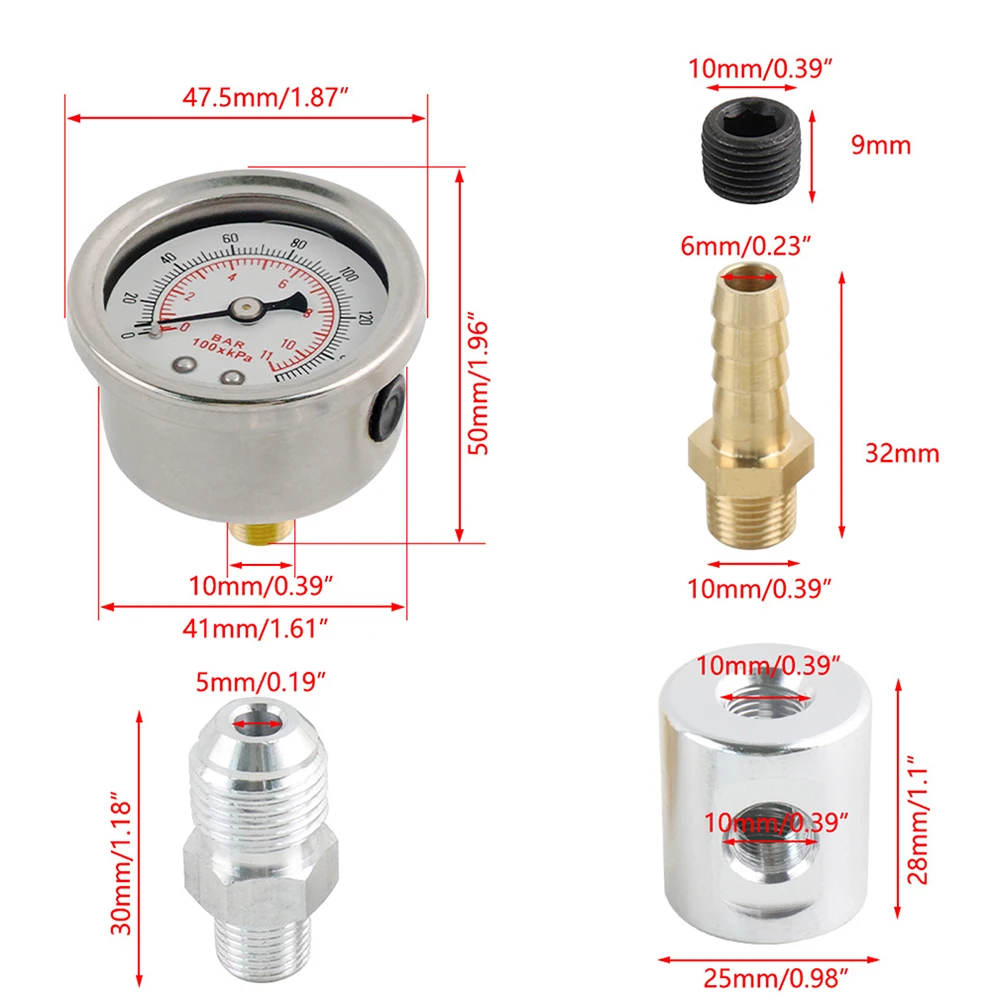1/8 NPT Kraftstoffdruckmesser-Set 0-160 PSI 11Bar Flüssigkeitsgefüllt Stoßfest mit Kraftstoffleitung T-Adapter 6AN Anschlüsse Universal – Detail 6