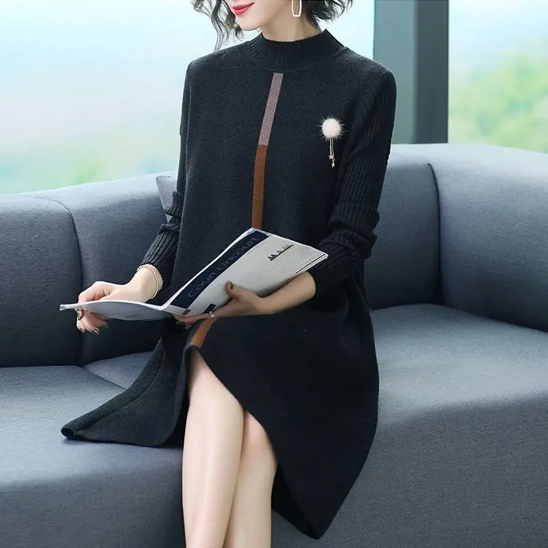 Women Autumn Winter Oversize Dress Knitting Sweater 2024 New Fashion Half High Collar Solid Patchwork Slim Office Lady Dress