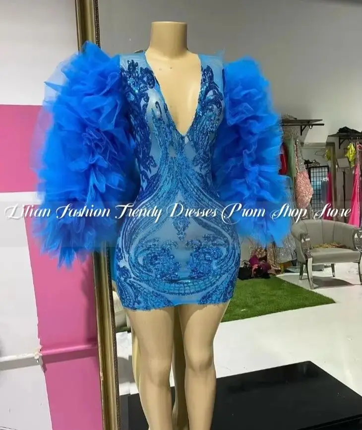 Blueberry Short Prom Homecoming Dresses with Ruffles Long Sleeve Sequins Applique Birthday Gown glitter jurk dames 2025 Custom