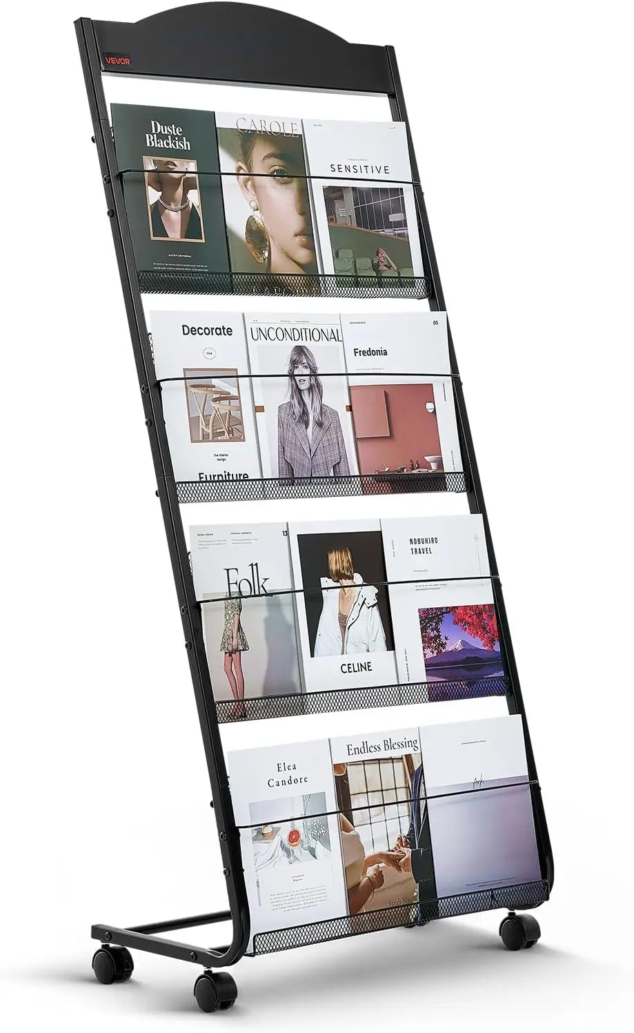 Brochure Display Rack, 4-Tier Magazine Literature Display Stand with Wheels, Movable Floor Standing Magazine Rack, Heavy Duty Ne