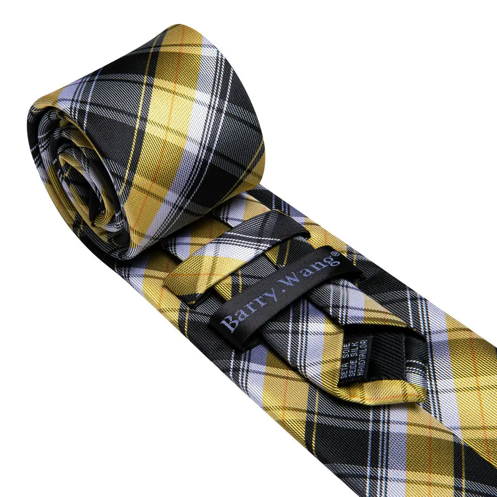 Classic Black Yellow Silk Tie For Men With Pocket Square Cufflink Set Plaid Woven Necktie Business Designer Party Barry.Wang