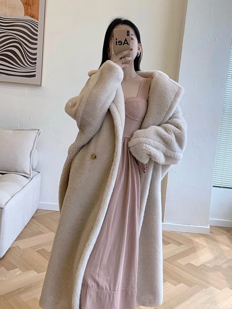 New Luxury Teddy Bear Coat Women Mid-length Cashmere Natural Wool Fur Coat Loose Silhouette Lapel Long Sleeve Jacket Fit Winter