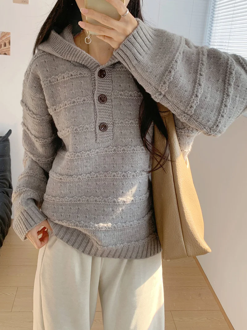 

Женский вязаный свитер-худи Amy Autumn Winter в корейском стиле, мягкий, с капюшоном, с фактурной вязкой, свободный, универсальный, надеваемый через голову