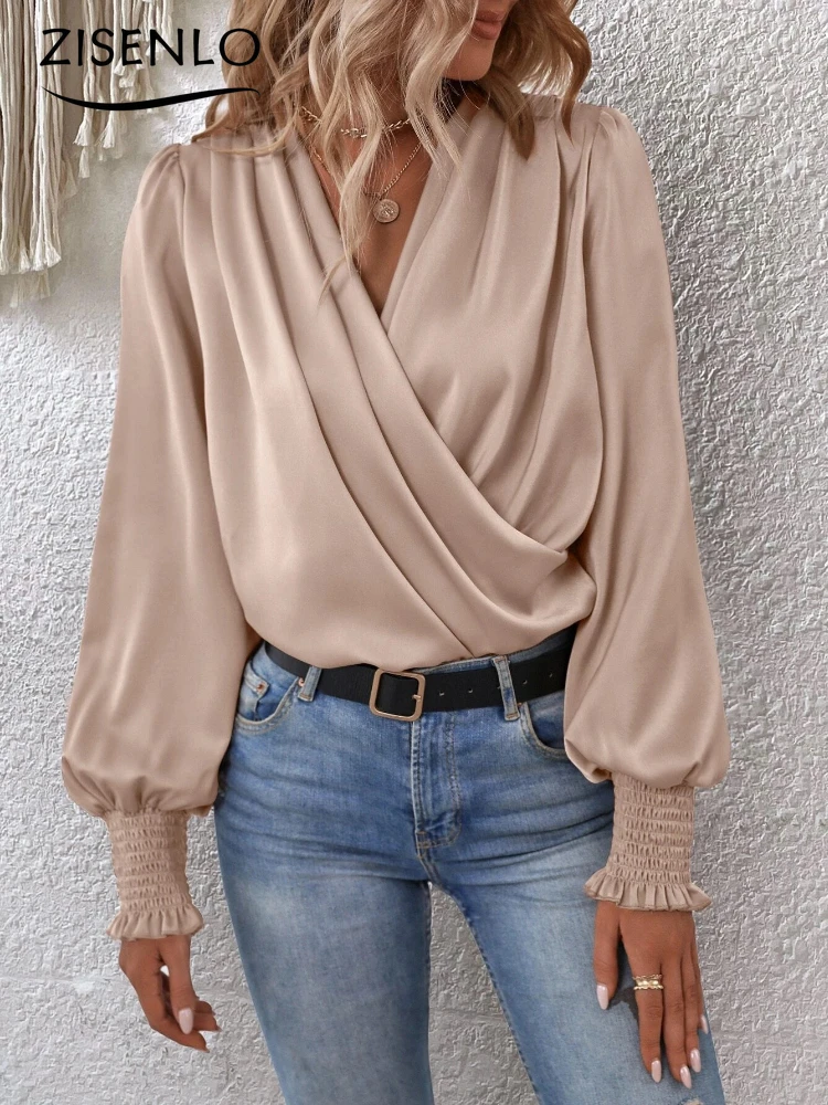 

Shirts & Blouses Summer New Elegant V-neck Lantern Sleeve Temperament Commuter Women's Solid Color Shirt Blusas Para Muje Tops