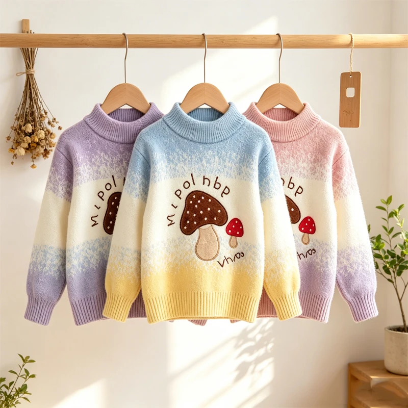 Adorable Kids Sweater Gradient Color Mushroom Embroidery Pullover Soft Warm Knit Top Girls Autumn Winter Casual Knitwear JY09141
