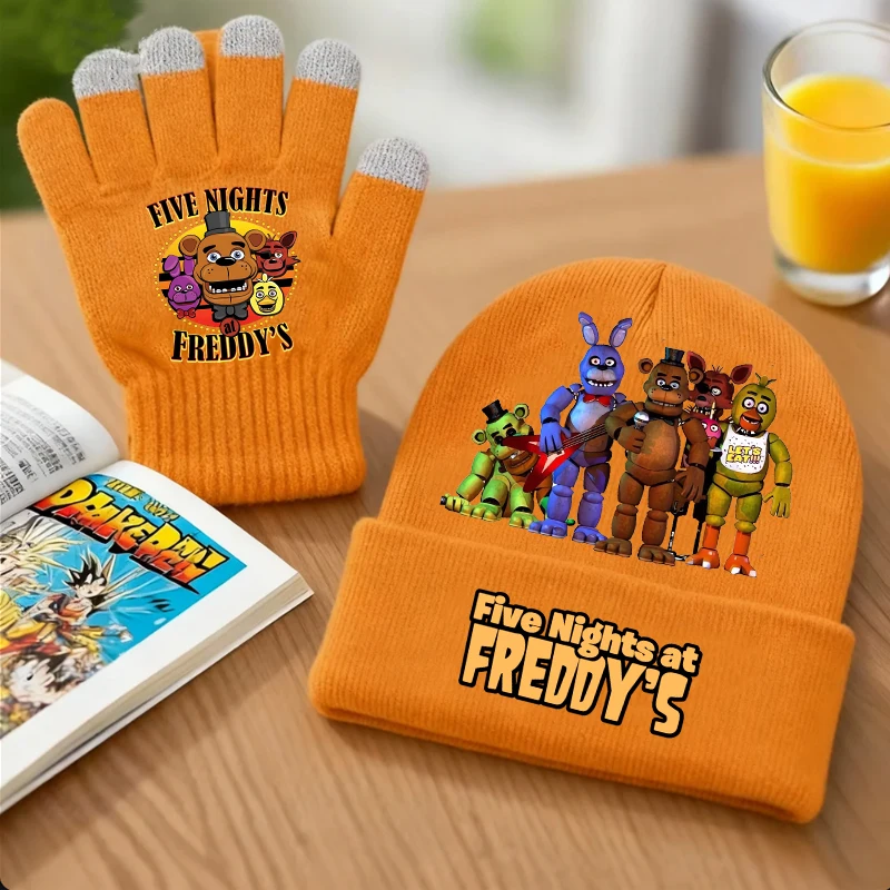 2pcs Five Nights At Freddy's Knitted Gloves Hats Terrifying Teddy Bear Cartoon Anime Glove Cap Set Winter Warm Windproof Mittens