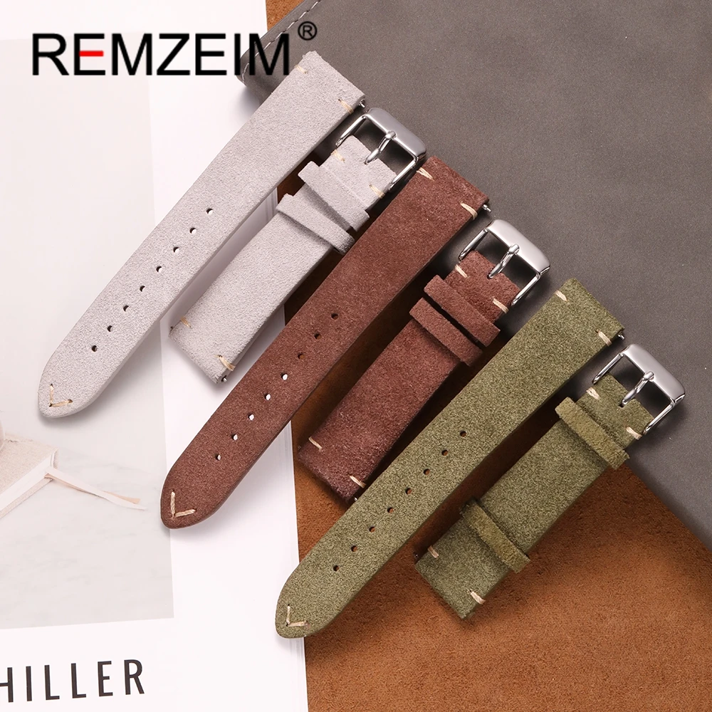 Замшевый кожаный ремешок для часов 18 мм, 20 мм, 22 мм, серый винтажный ремешок, мягкий сменный браслет, универсальный ремешок для часов ручной работы