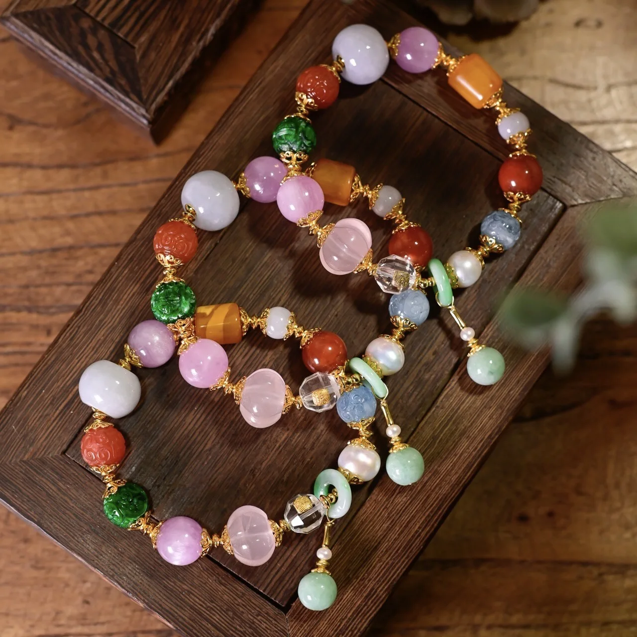 Natural Multi-gemstone Beaded Bracelet with Jadeite Agate Amber Pearl Kunzite Rose Quartz Aquamarine 925 Silver Gold Plated