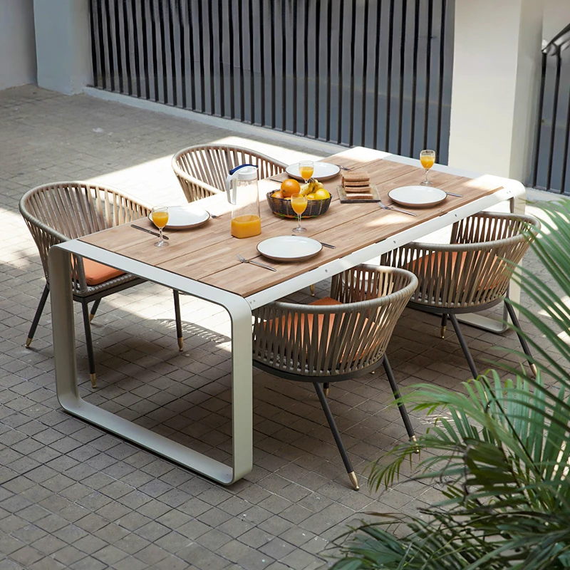 #Courtyard Garden Outdoor Rope Weaving Tables And Chairs Hotel Resorts Restaurant Aluminum Alloy Long Table Patio Villa Table