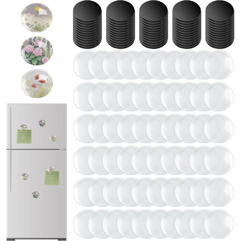 DIY Round Refrigerator Magnet Set 50 Clear Glass Tiles + 50 Self-Adhesive Magnets Transparent Glass Fridge Magnet Craft Supplies
