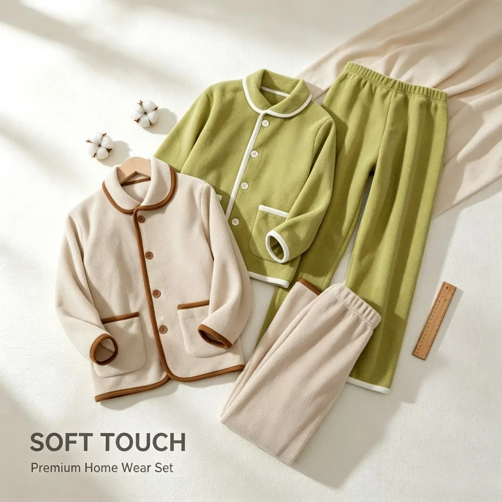 Kids Button Front Loungewear Set Antibacterial Warm Fleece Self-Heating Pajamas Boys Girls Winter Cozy Home Clothes Sleepwear
