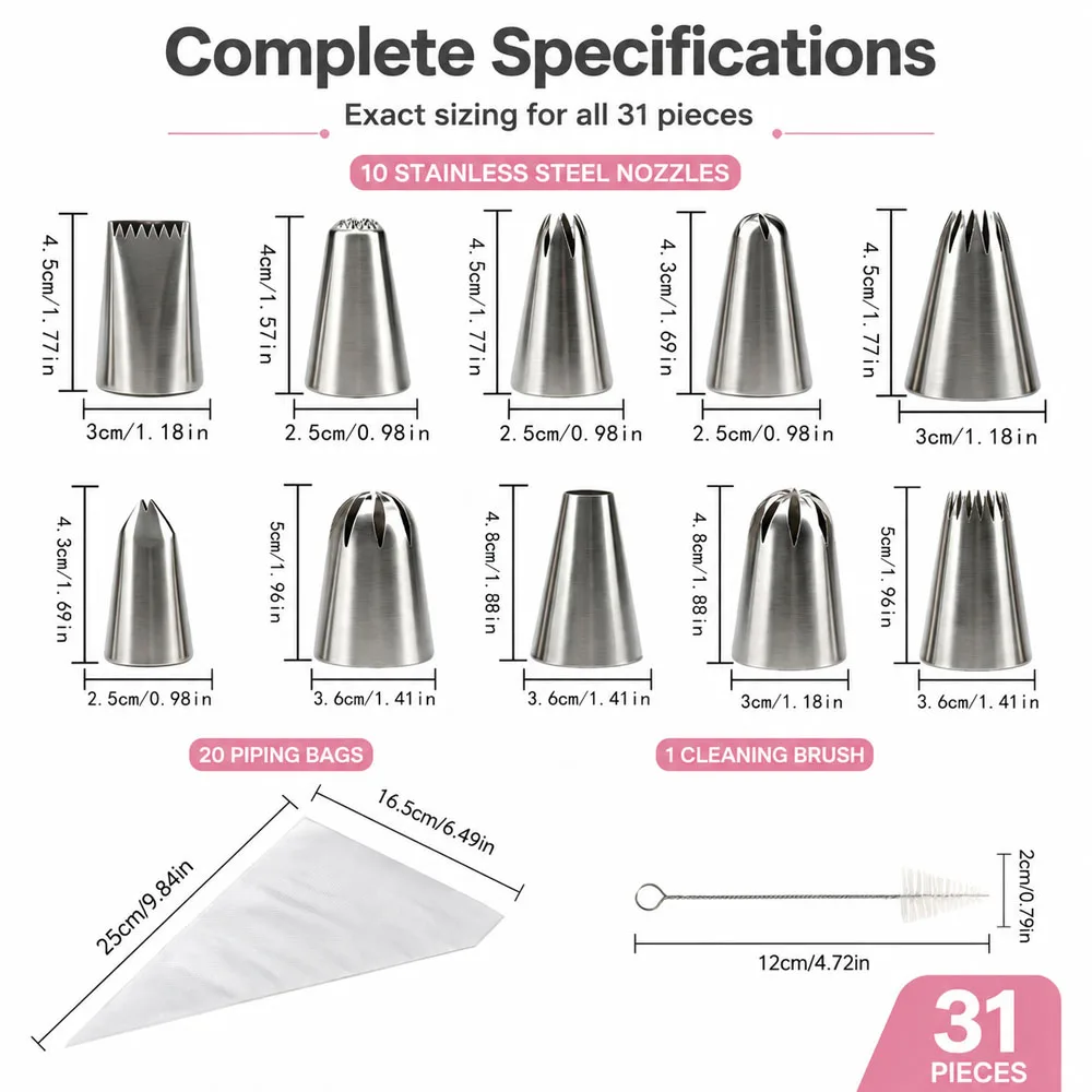 31Pcs Cake Decorating Piping Tips Set Stainless Steel Icing Nozzles With Disposable Piping Bags Brush Baking Tools For Beginners