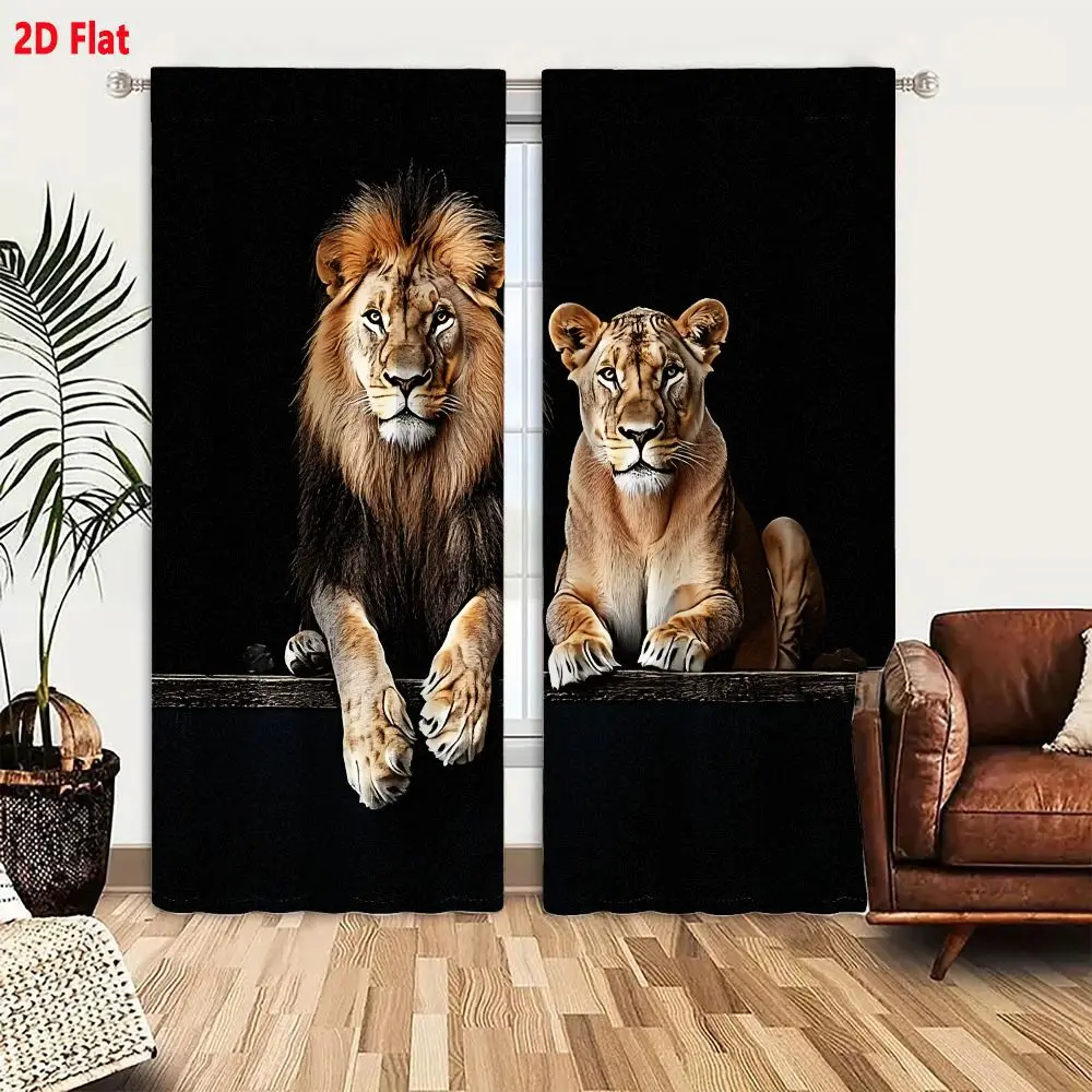2Pcs Curtains 2D Flat Male Lion And Lioness On Dark Wooden Ledge Against Black Background Window Drapes for Bedroom Room Decor D