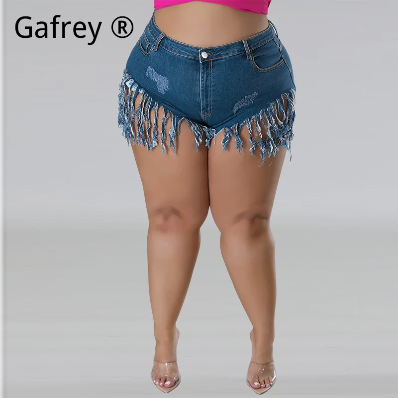 

Women Plus Size 5XL 4XL 3XL 2XL XL Denim Fringe Shorts New High Waist Slim Fit Jean Shorts Tassel Hem Summer Streetwear Bottoms