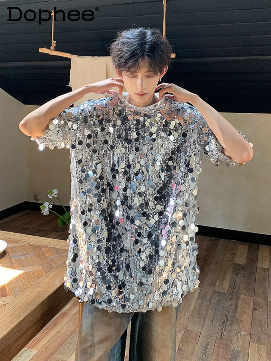 

Fashion 2024 Summer T-Shirts Large Sequined High Street Stage Short-Sleeve T-shirts Men Women Shiny Reflective Trendy T-shirt