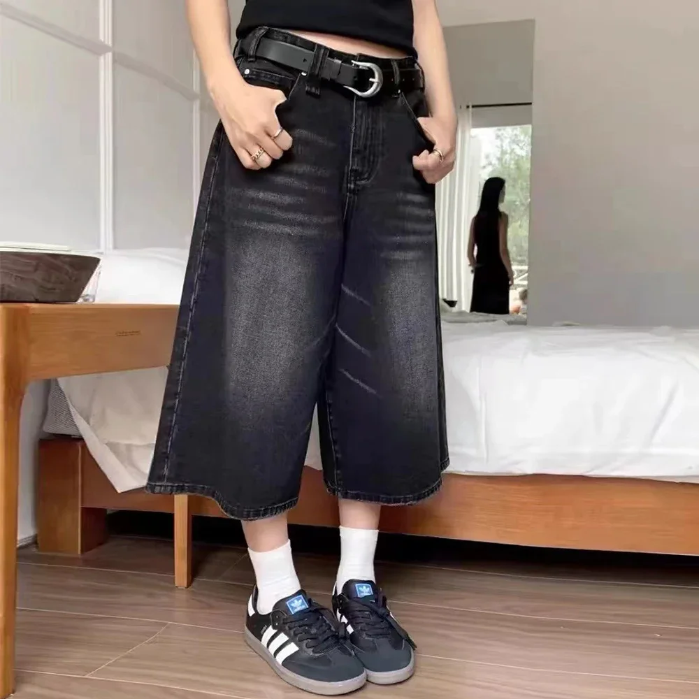 

Женские джинсы, летние повседневные джинсовые джинсы с натуральной талией, отбеленные джинсы трапециевидной формы ниже колена, уличные джинсы