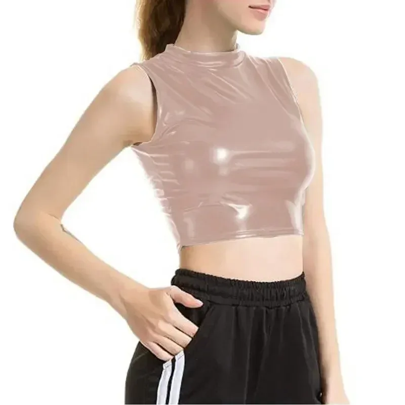 الصيف س الرقبة بلوزات صغيرة المرأة موضة شارع العليا bodycon تانك القمم لامعة معدنية الرقص المحاصيل القمم سترة دون أكمام