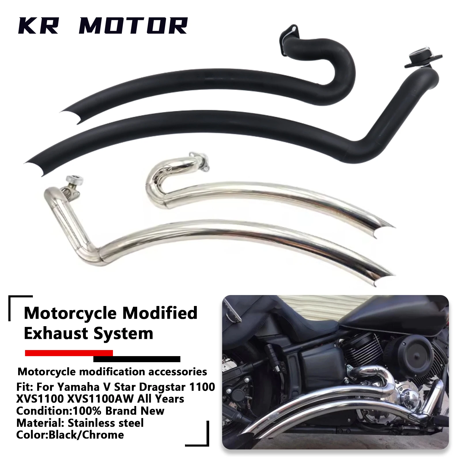 

Fits For Yamaha V Star Dragstar 1100 XVS1100/VStar1100/Dragstar1100 All Years Motorcycle Exhaust System Muffler Exhaust Pipe