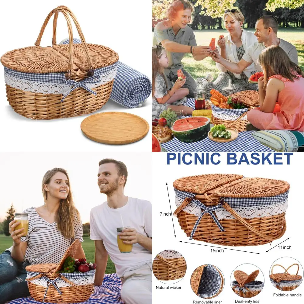 طقم سلة نزهة قوية من الخيزران مع بطانيات وأطباق من الخيزران