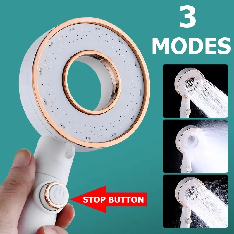 

High Pressure Shower Head Silver 3 Modes Adjustable Showerheads Water Saving One-Key Stop Water Spray Nozzle Bathroom Accessorie