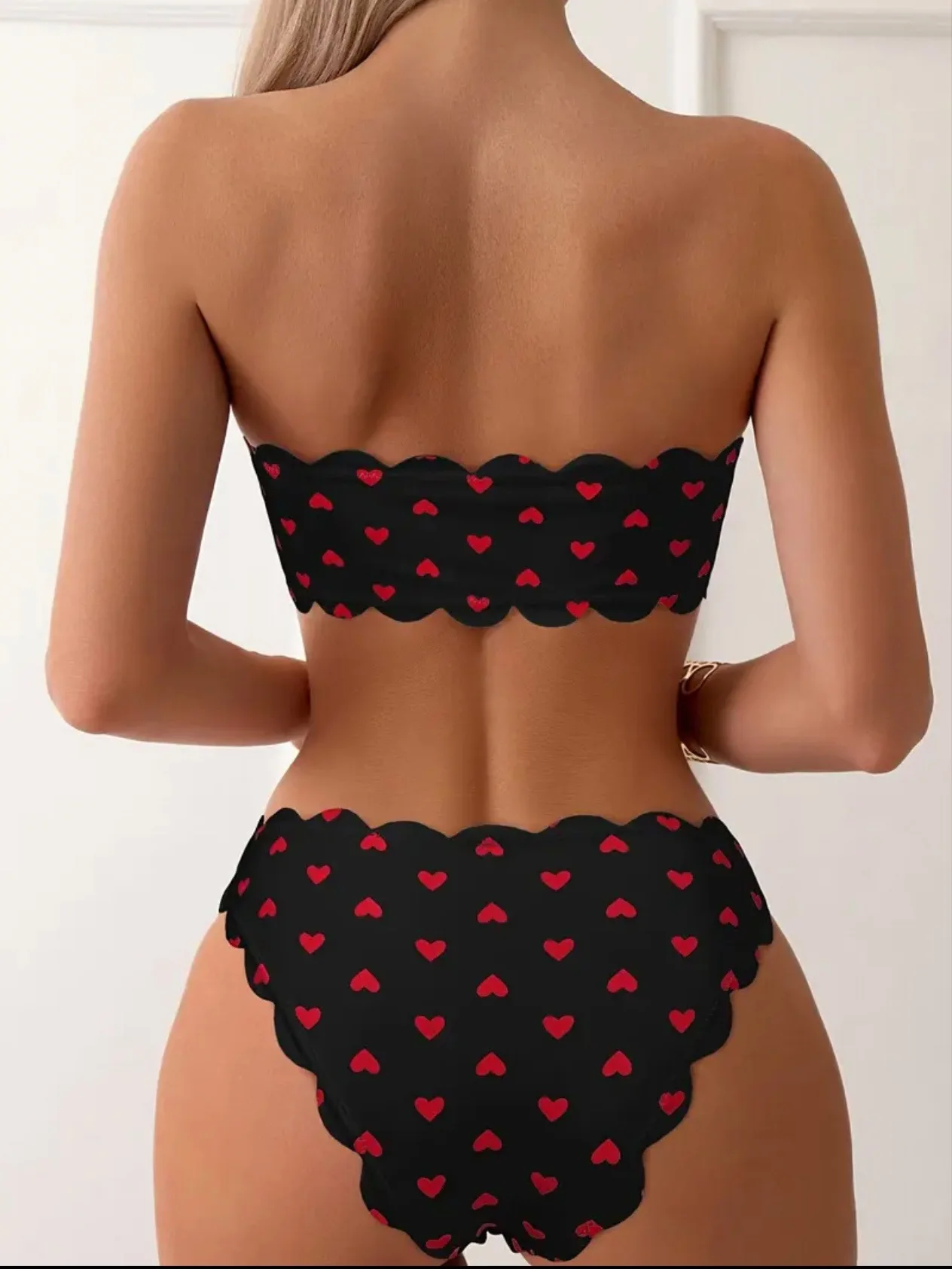 Cikini Swim Mod Heart Printed Bandeau Bikini Set Valentine Summer Beach Swimwear Bathing Suit For Women