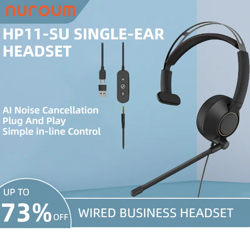 NUROUM HP11-SU Ai Noise Cancelling Single-ear Call Center Wired Headset With Microphone For Pc Laptop