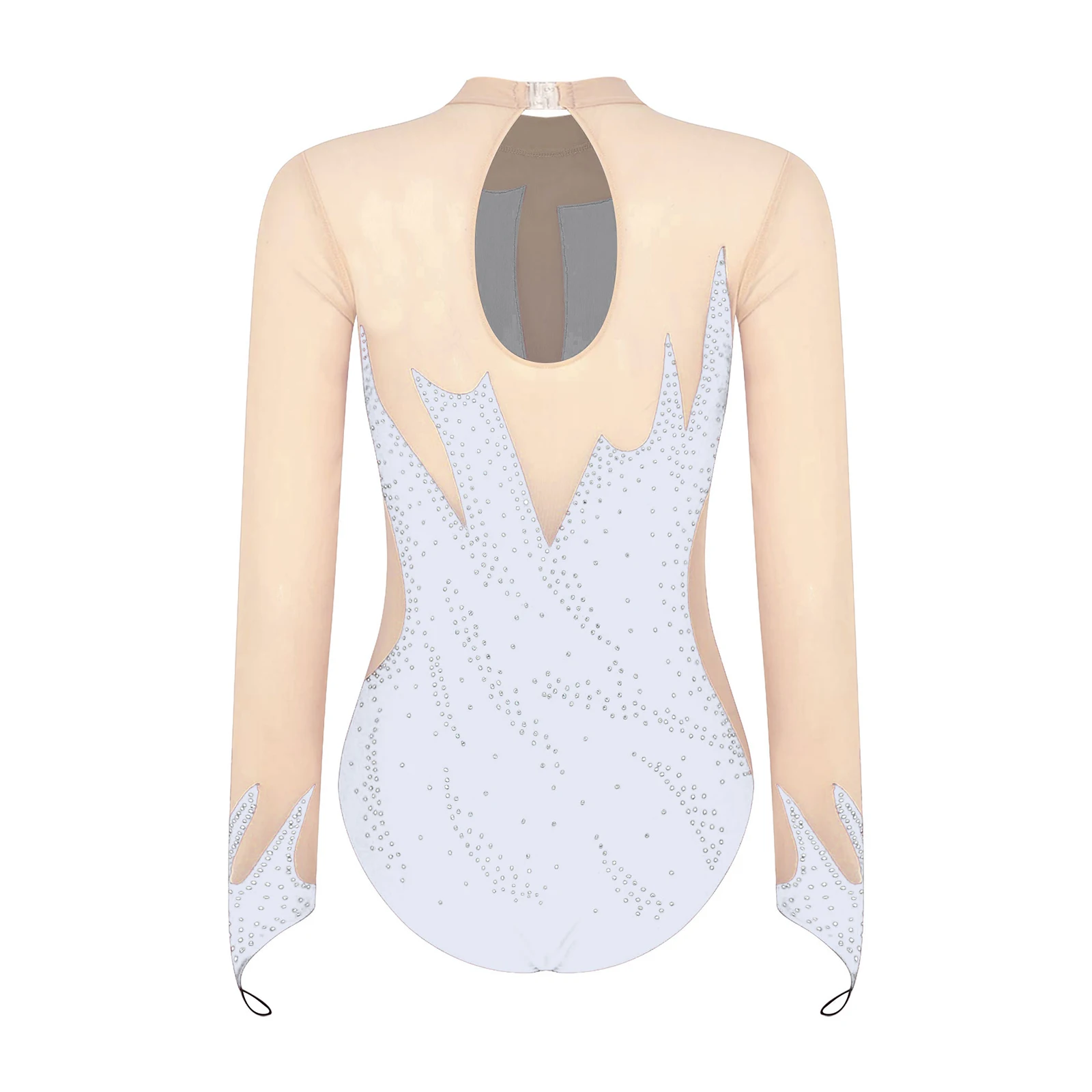 Women Figure Skating Bodysuit Ballet Dance Rhythmic Gymnastics Leotard Long Sleeve Rhinestone Sheer Mesh Performance Dancewear