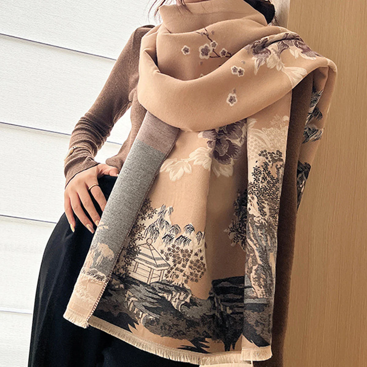 Women\'s Winter Soft and Elegant Double-sided Printed Air-conditioning Shawl Thick Warm Versatile Long Scarf Travel Weeding Gift