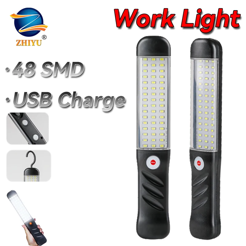 Portable Magnetic Auto Repair Work Light USB Rechargeable LED Flashlight With Magnet Hook For Car Repair Fishing Emergencies