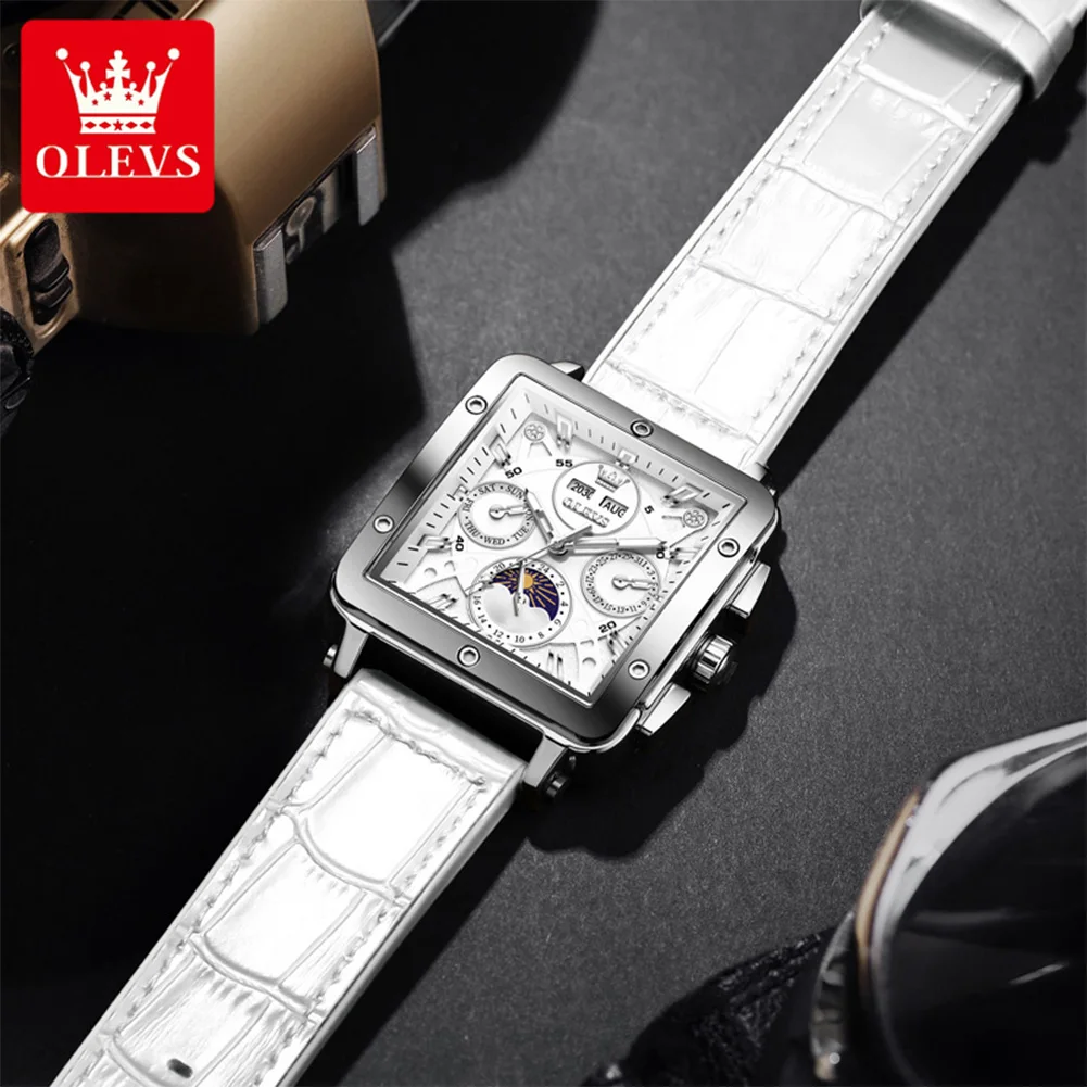 OLEVS 6749 Original Mechanical Movement Watch For Men Leather Strap Square 24-hour Moon Phase Dial Luminous 30m Waterproof Watch