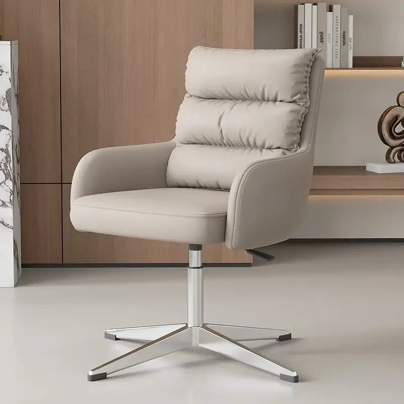 Minimalist Cream Leather Swivel Office Chair Curved Wrapped Arm Height Lift Silent Rotate Metal Base Dressing Vanity Accent Se