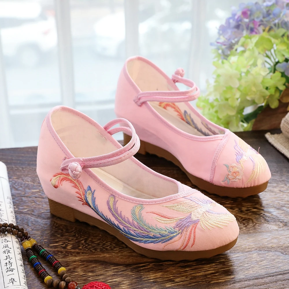 Veowalk 5cm Hidden Wedge Women Cotton Fabric Platforms Shoes Phoenix Embroidered Vintage Ladies Comfortable Shoes