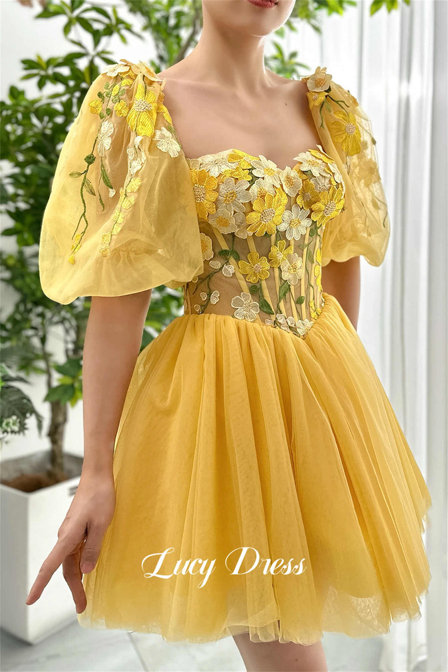 Lucy-Mini jupe à manches bouffantes pour femmes, Robe de cocktail, Robes de soirée luxueuses, Robe élégante, Jaune, 2024